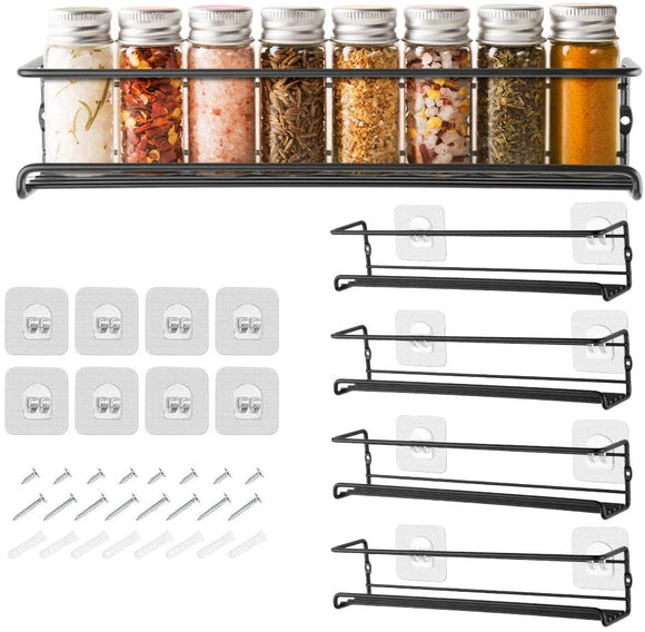 GEEDIAR Spice Racks Organiser - 4 Tier Hanging Stainless Steel Spice Racks Wall Mounted with Adhensive Stickder & Screws - Kitchen & Pantry Shelf for Spices and Condiments, Spice Jars (Black)